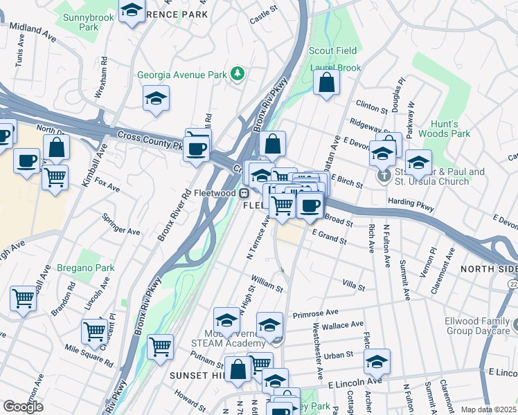 map of restaurants, bars, coffee shops, grocery stores, and more near 685 Locust Street in Mount Vernon