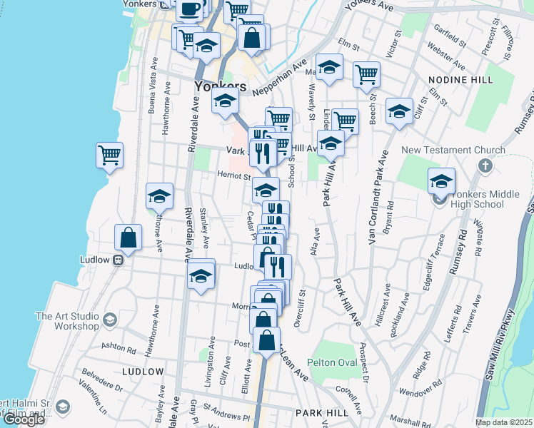 map of restaurants, bars, coffee shops, grocery stores, and more near 20 Cedar Place in Yonkers