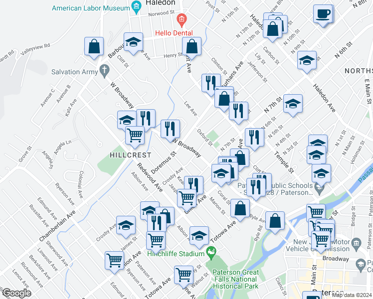 map of restaurants, bars, coffee shops, grocery stores, and more near 323 West Broadway in Paterson