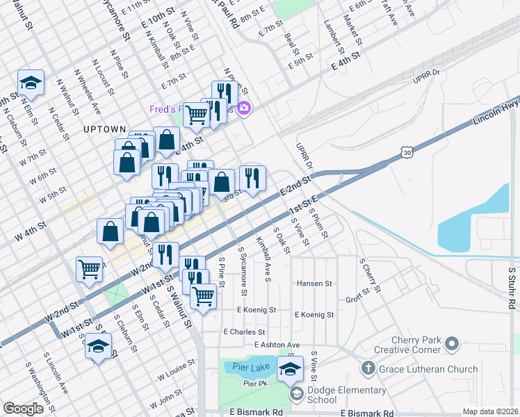 map of restaurants, bars, coffee shops, grocery stores, and more near 113 North Oak Street in Grand Island
