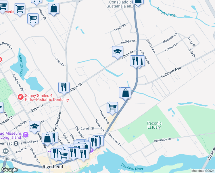 map of restaurants, bars, coffee shops, grocery stores, and more near 66 Strwberry Cmns in Riverhead