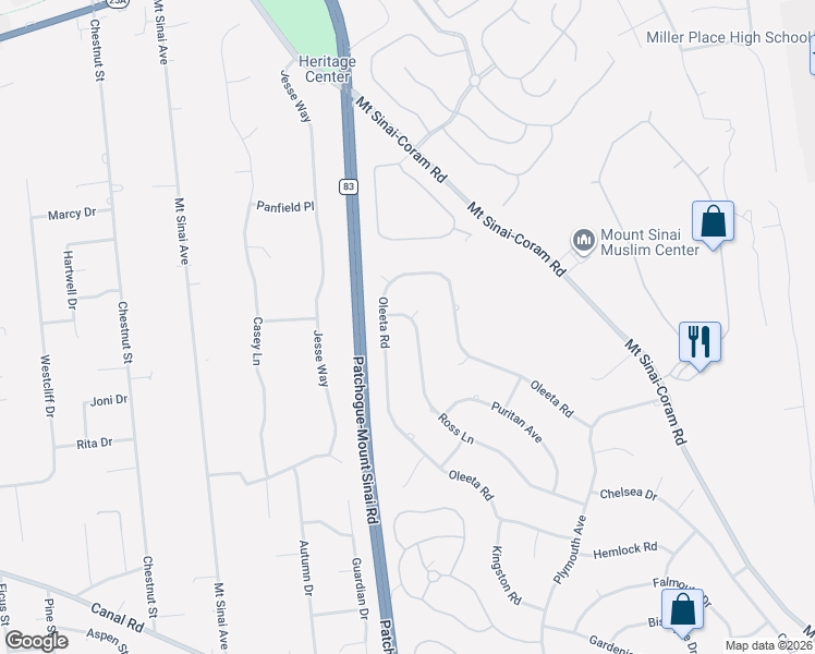 map of restaurants, bars, coffee shops, grocery stores, and more near 46 Ross Lane in Mount Sinai