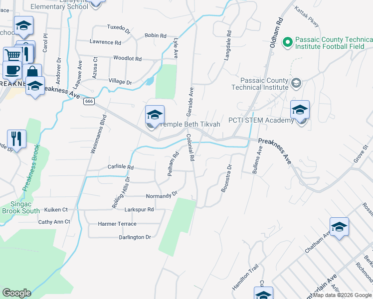 map of restaurants, bars, coffee shops, grocery stores, and more near 73 Colonial Road in Wayne