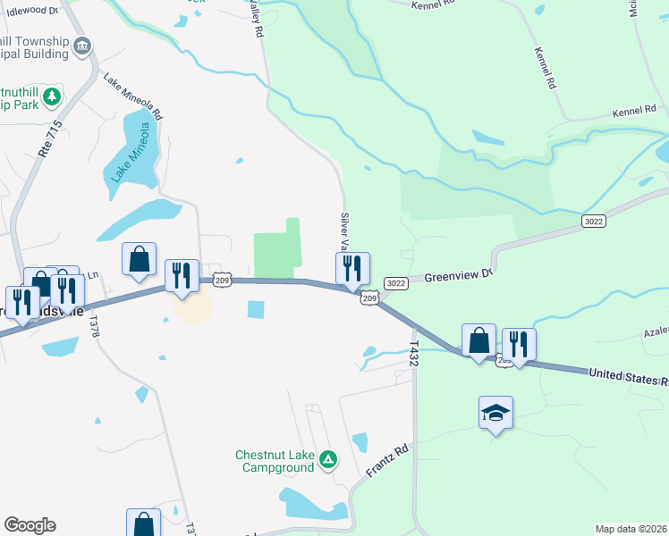 map of restaurants, bars, coffee shops, grocery stores, and more near 103 T449 in Brodheadsville