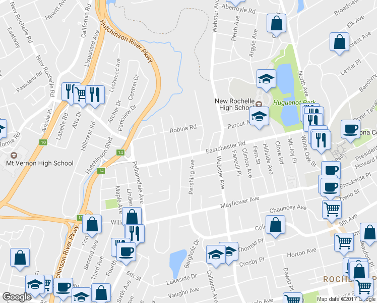 map of restaurants, bars, coffee shops, grocery stores, and more near 243 Eastchester Road in New Rochelle