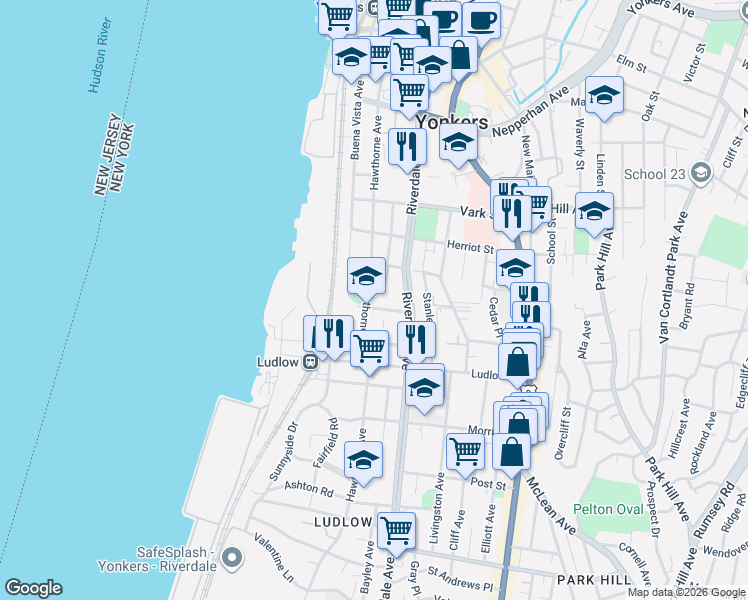 map of restaurants, bars, coffee shops, grocery stores, and more near 192 Hawthorne Avenue in Yonkers