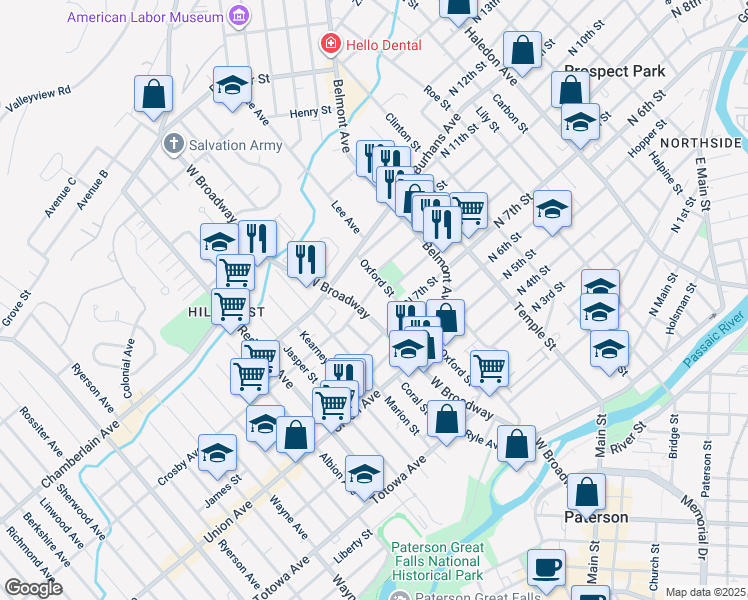 map of restaurants, bars, coffee shops, grocery stores, and more near 52 Laurel Street in Paterson