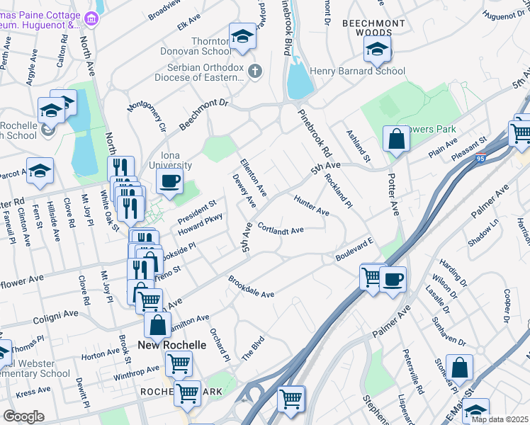 map of restaurants, bars, coffee shops, grocery stores, and more near 245 5th Avenue in New Rochelle