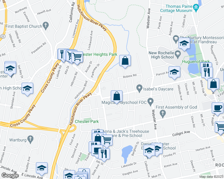 map of restaurants, bars, coffee shops, grocery stores, and more near 40 Askins Place in New Rochelle