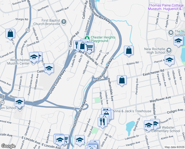 map of restaurants, bars, coffee shops, grocery stores, and more near 350 Hutchinson Boulevard in Mount Vernon