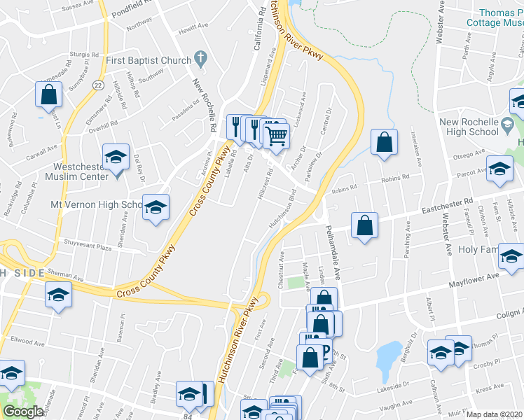 map of restaurants, bars, coffee shops, grocery stores, and more near 155 Hillcrest Road in Mount Vernon