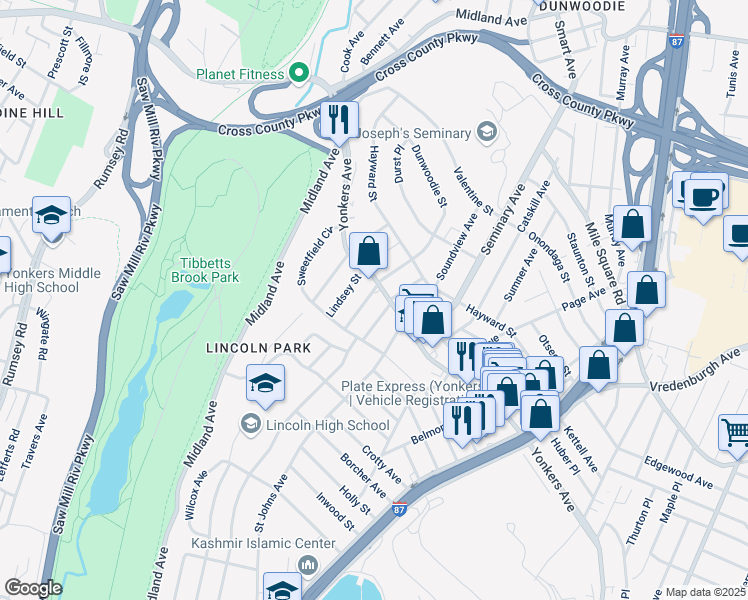 map of restaurants, bars, coffee shops, grocery stores, and more near 642 Yonkers Avenue in Yonkers