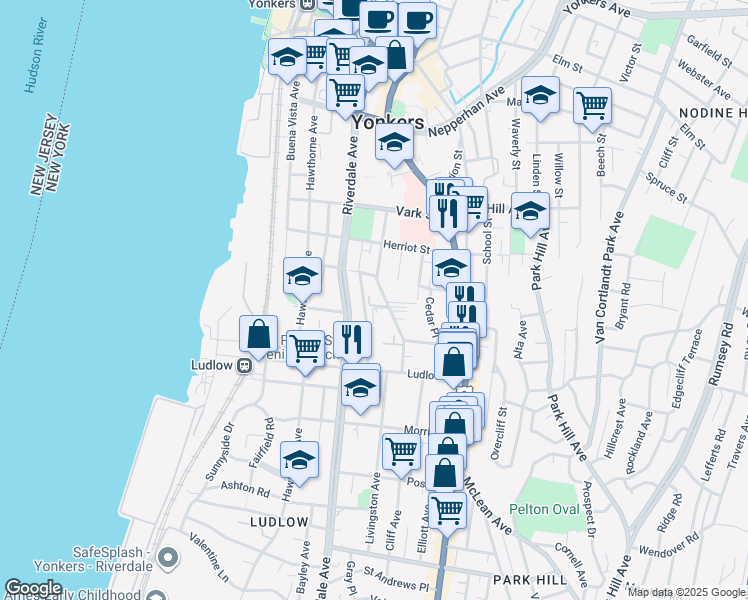 map of restaurants, bars, coffee shops, grocery stores, and more near 96 Highland Avenue in Yonkers