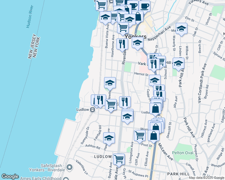 map of restaurants, bars, coffee shops, grocery stores, and more near 192 Hawthorne Avenue in Yonkers