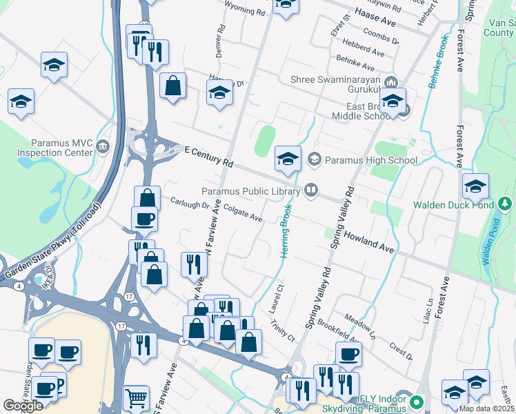map of restaurants, bars, coffee shops, grocery stores, and more near 103 Hoover Court in Paramus