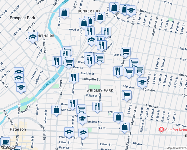 map of restaurants, bars, coffee shops, grocery stores, and more near 124 Franklin Street in Paterson