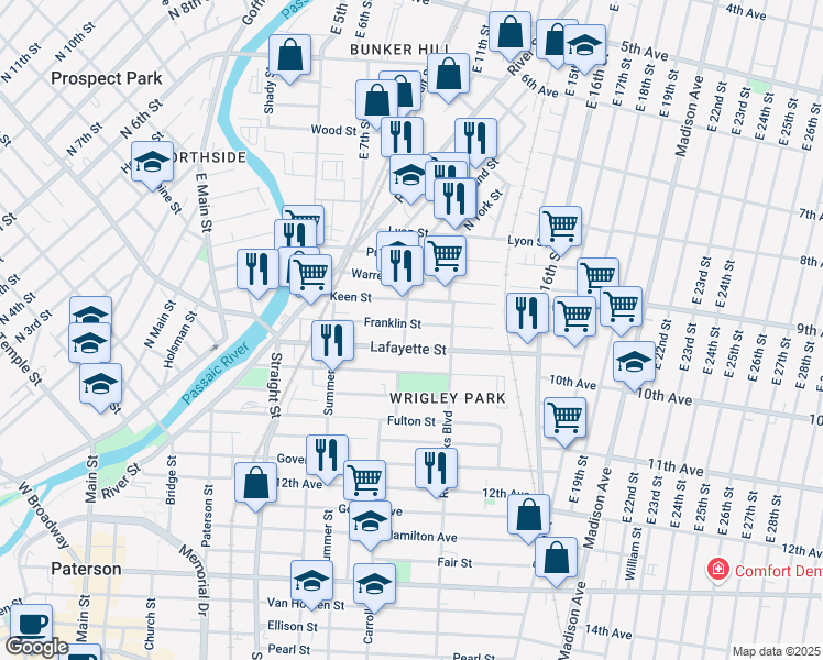 map of restaurants, bars, coffee shops, grocery stores, and more near 124 Franklin Street in Paterson