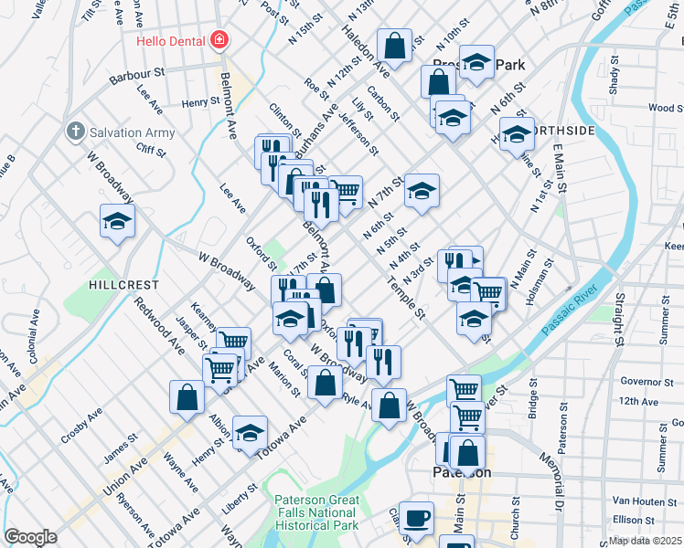 map of restaurants, bars, coffee shops, grocery stores, and more near 20 North 5th Street in Paterson