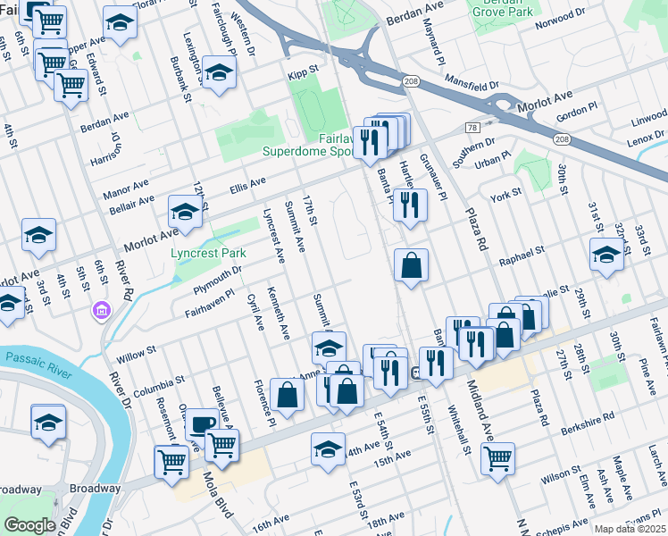 map of restaurants, bars, coffee shops, grocery stores, and more near 4-16 17th Street in Fair Lawn