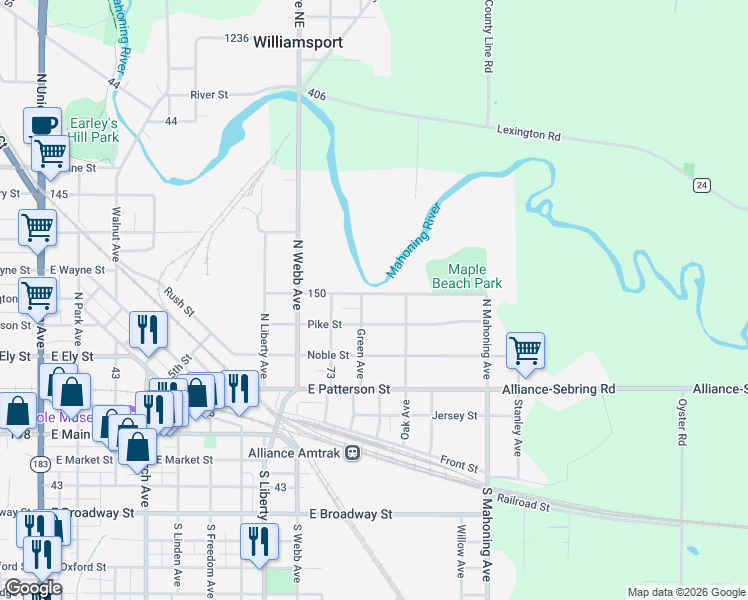 map of restaurants, bars, coffee shops, grocery stores, and more near 1025 Reed Street in Alliance