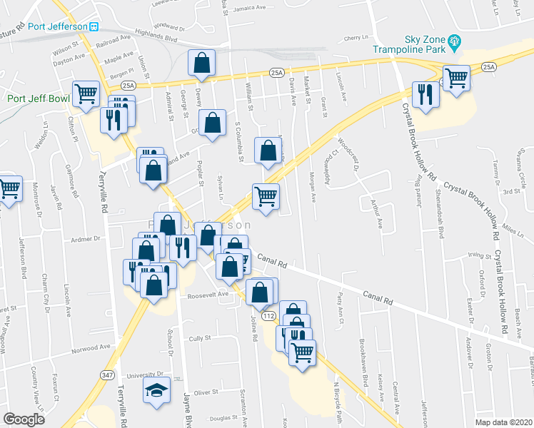 map of restaurants, bars, coffee shops, grocery stores, and more near 5141 Nesconset Highway in Port Jefferson Station