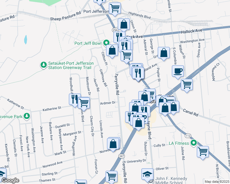 map of restaurants, bars, coffee shops, grocery stores, and more near 120 Terryville Road in Port Jefferson Station