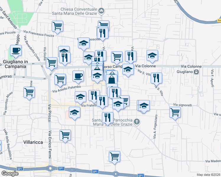 map of restaurants, bars, coffee shops, grocery stores, and more near 14 Via Vittorio Veneto in Giugliano in Campania