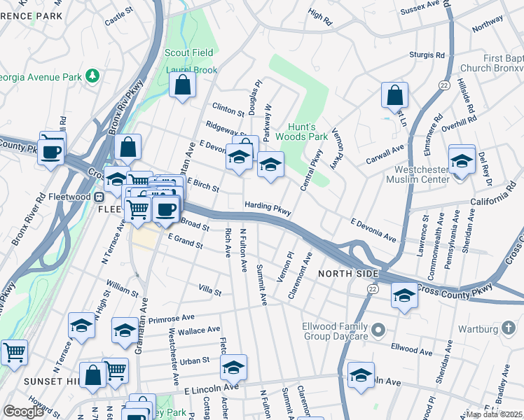 map of restaurants, bars, coffee shops, grocery stores, and more near 20 Harding Parkway in Mount Vernon