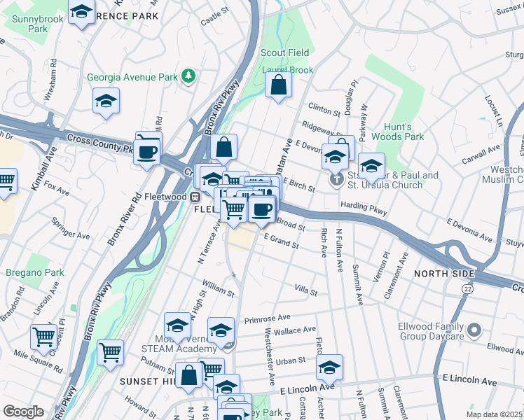map of restaurants, bars, coffee shops, grocery stores, and more near 580 Gramatan Avenue in Mount Vernon