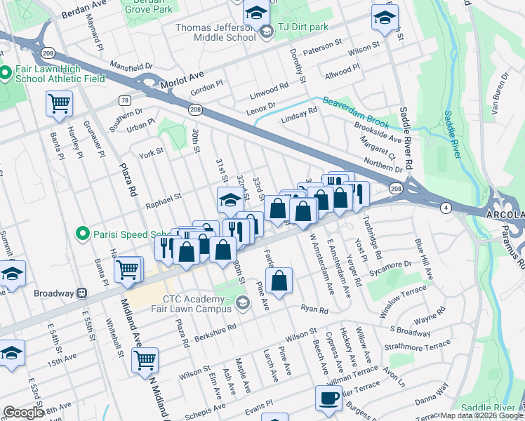 map of restaurants, bars, coffee shops, grocery stores, and more near 1-39 32nd Street in Fair Lawn
