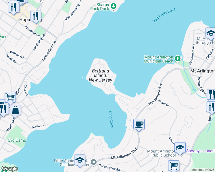 map of restaurants, bars, coffee shops, grocery stores, and more near 49 Catamaran Court in Mount Arlington