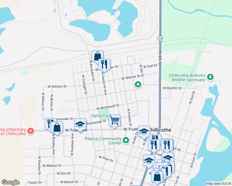 map of restaurants, bars, coffee shops, grocery stores, and more near 662 Moffitt Street in Chillicothe
