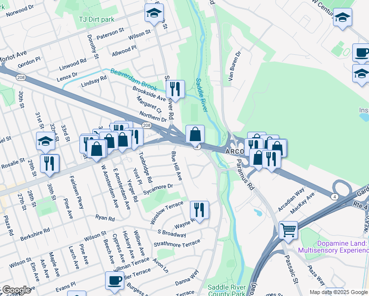 map of restaurants, bars, coffee shops, grocery stores, and more near 40-18 Broadway in Fair Lawn
