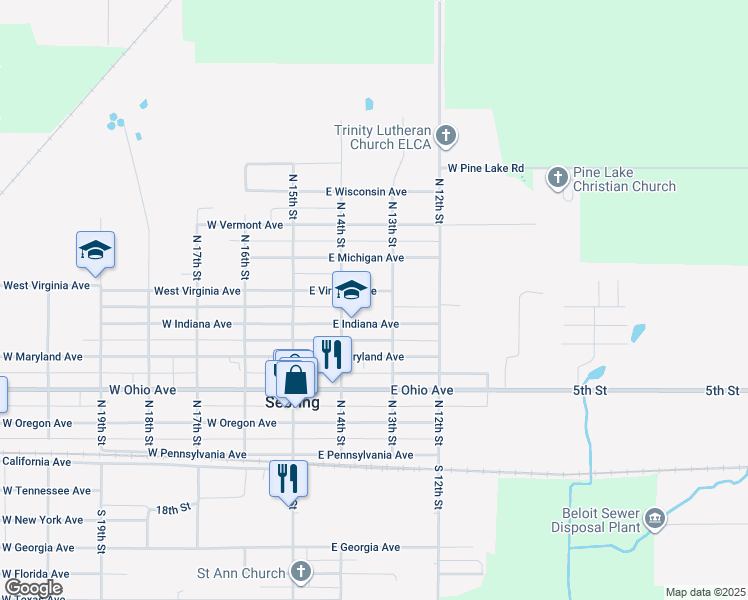 map of restaurants, bars, coffee shops, grocery stores, and more near 225 East Indiana Avenue in Sebring
