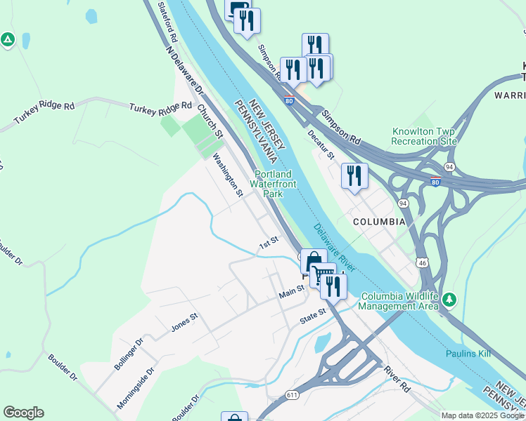 map of restaurants, bars, coffee shops, grocery stores, and more near 609 Delaware Avenue in Mount Bethel