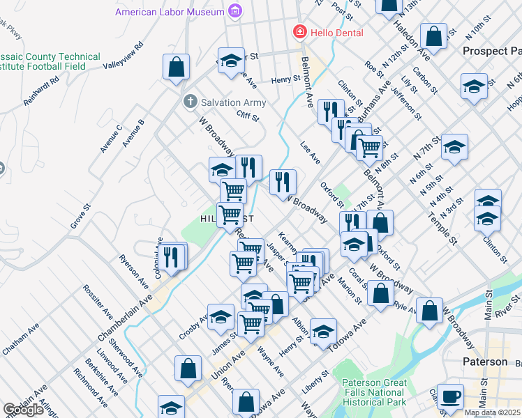 map of restaurants, bars, coffee shops, grocery stores, and more near 289 Kearney Street in Paterson