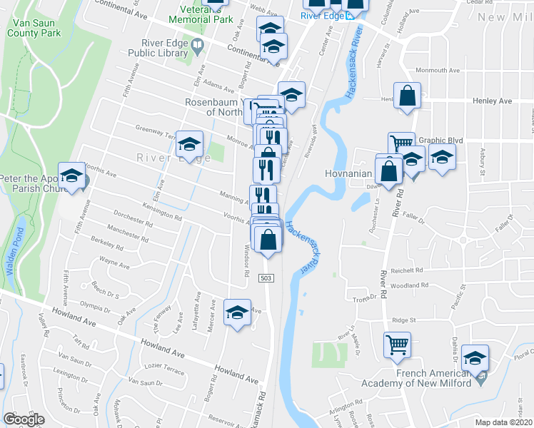map of restaurants, bars, coffee shops, grocery stores, and more near 536 Kinderkamack Road in River Edge