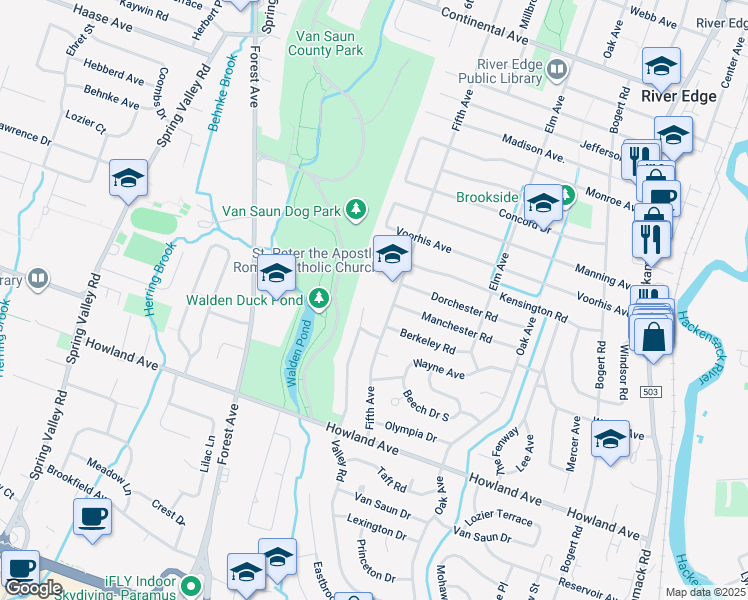 map of restaurants, bars, coffee shops, grocery stores, and more near 415 Fifth Avenue in River Edge