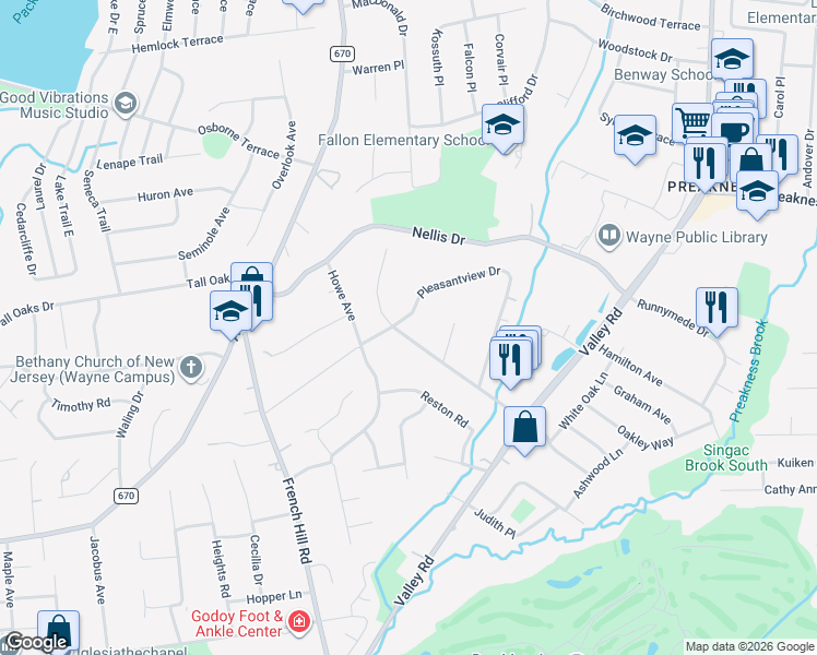 map of restaurants, bars, coffee shops, grocery stores, and more near 102 Macdonald Drive in Wayne