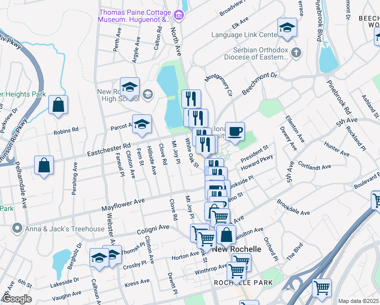 map of restaurants, bars, coffee shops, grocery stores, and more near 51 White Oak Street in New Rochelle