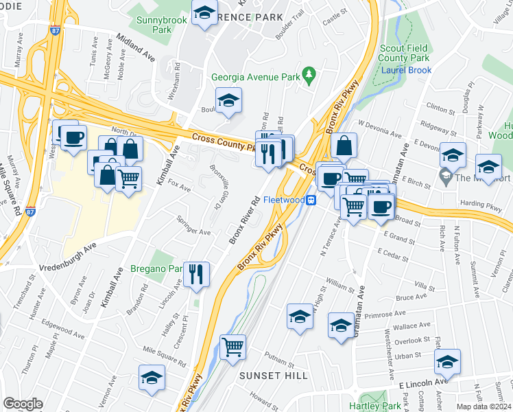 map of restaurants, bars, coffee shops, grocery stores, and more near 800 Bronx River Road in Yonkers