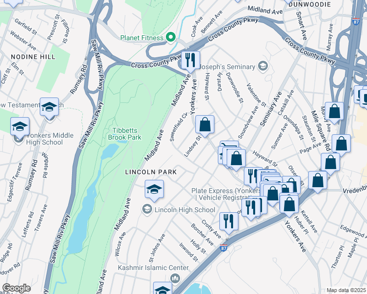 map of restaurants, bars, coffee shops, grocery stores, and more near 94 Sweetfield Circle in Yonkers