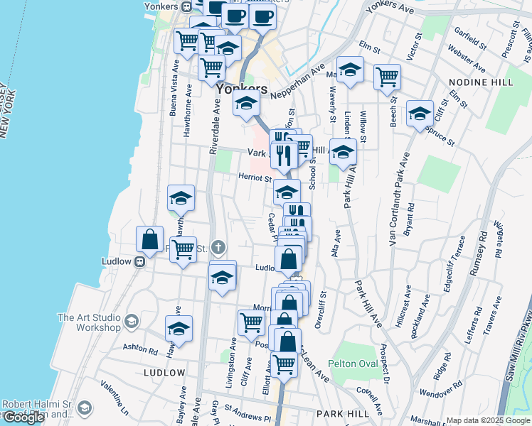 map of restaurants, bars, coffee shops, grocery stores, and more near 35 Cedar Place in Yonkers