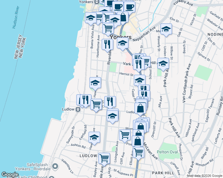 map of restaurants, bars, coffee shops, grocery stores, and more near 200 Riverdale Avenue in Yonkers
