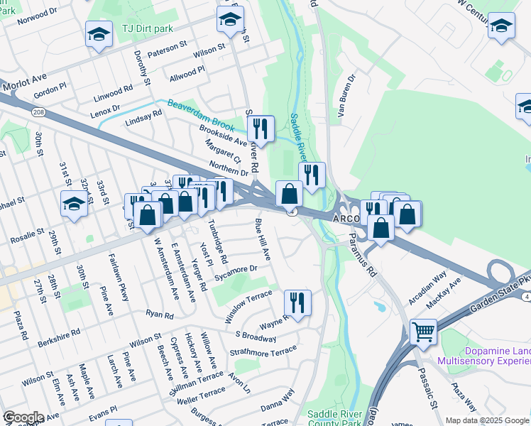 map of restaurants, bars, coffee shops, grocery stores, and more near 40-18 Broadway in Fair Lawn