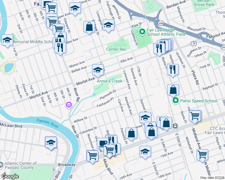 map of restaurants, bars, coffee shops, grocery stores, and more near 12-10 Plymouth Drive in Fair Lawn