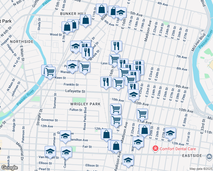 map of restaurants, bars, coffee shops, grocery stores, and more near 213 Franklin Street in Paterson