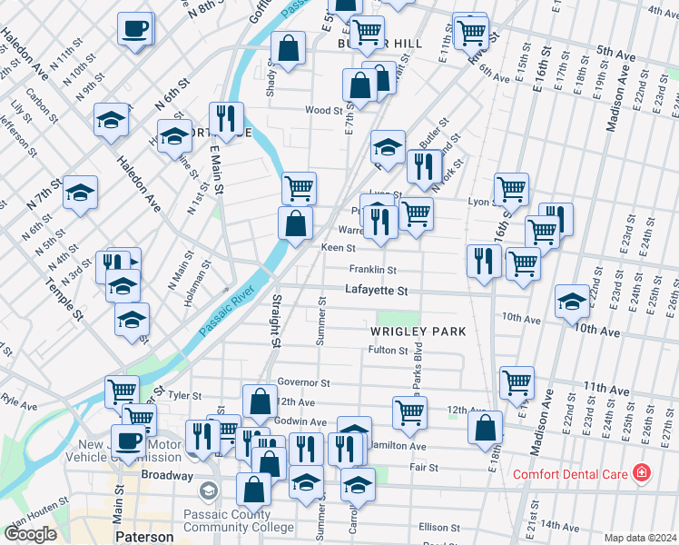 map of restaurants, bars, coffee shops, grocery stores, and more near 65 Lafayette Street in Paterson