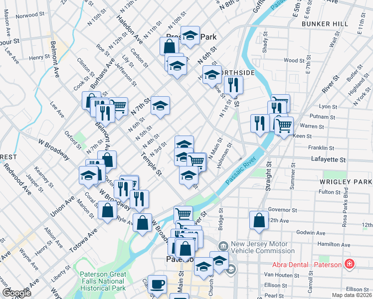 map of restaurants, bars, coffee shops, grocery stores, and more near 70 Jefferson Street in Paterson