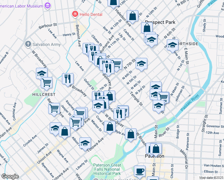 map of restaurants, bars, coffee shops, grocery stores, and more near 64 Belmont Avenue in Paterson